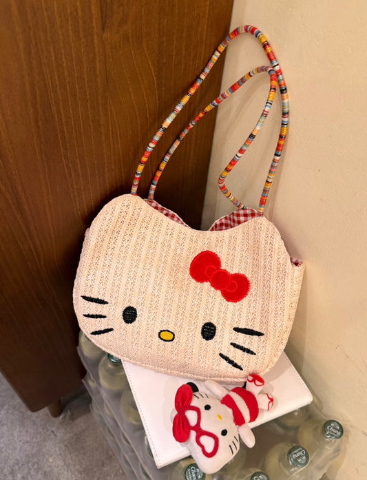 Kitty Cat Knit Handbag with red lining