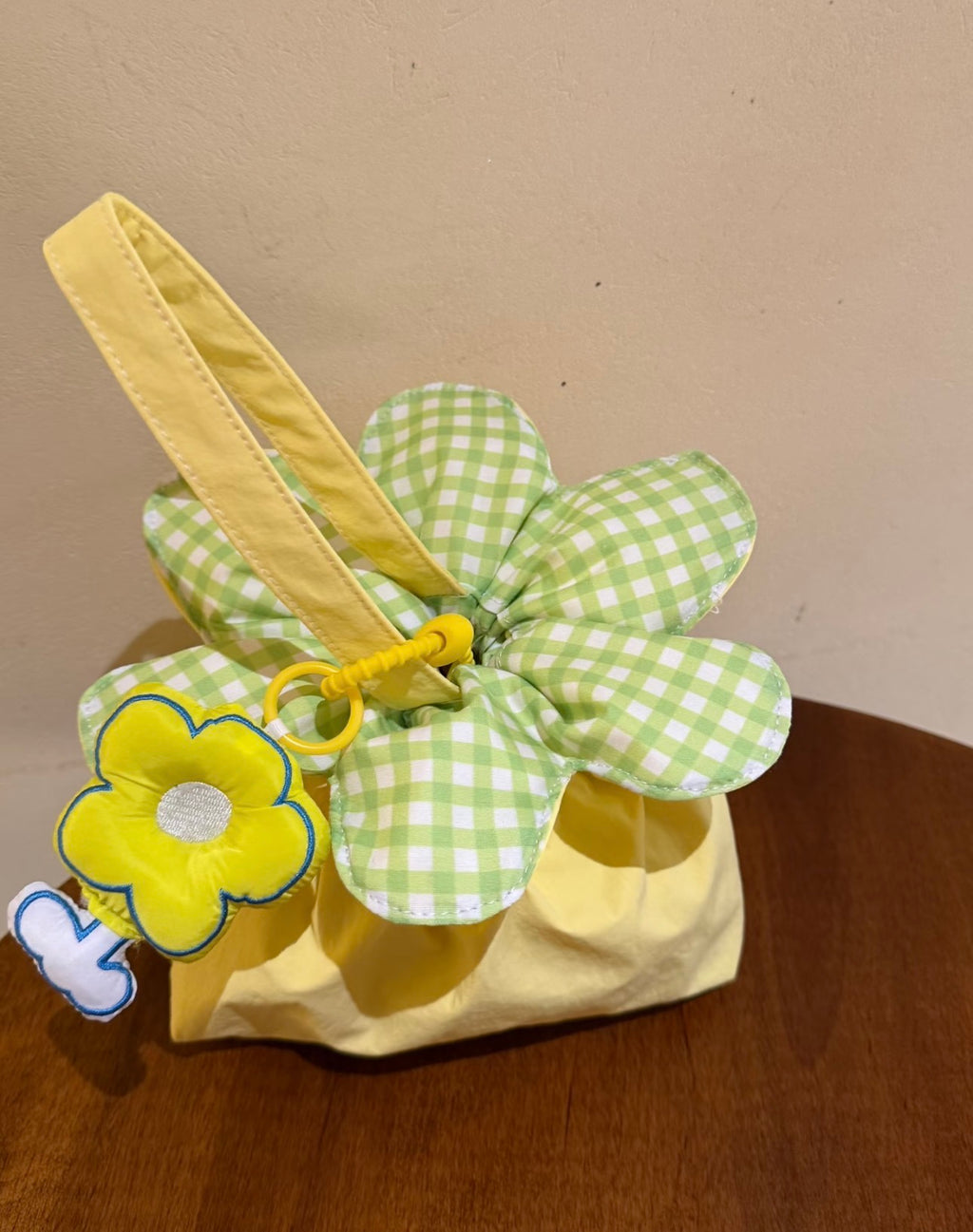 Yellow checkered floral handbag