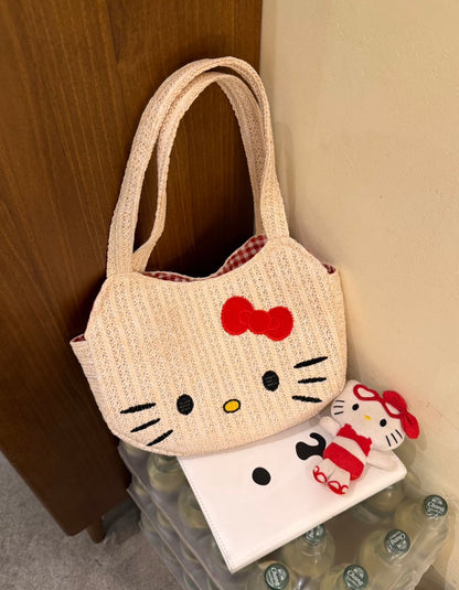 Kitty Cat Knit Handbag with red lining