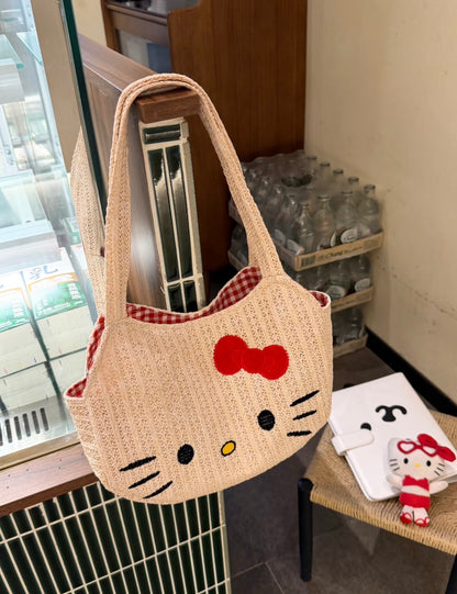 Kitty Cat Knit Handbag with red lining